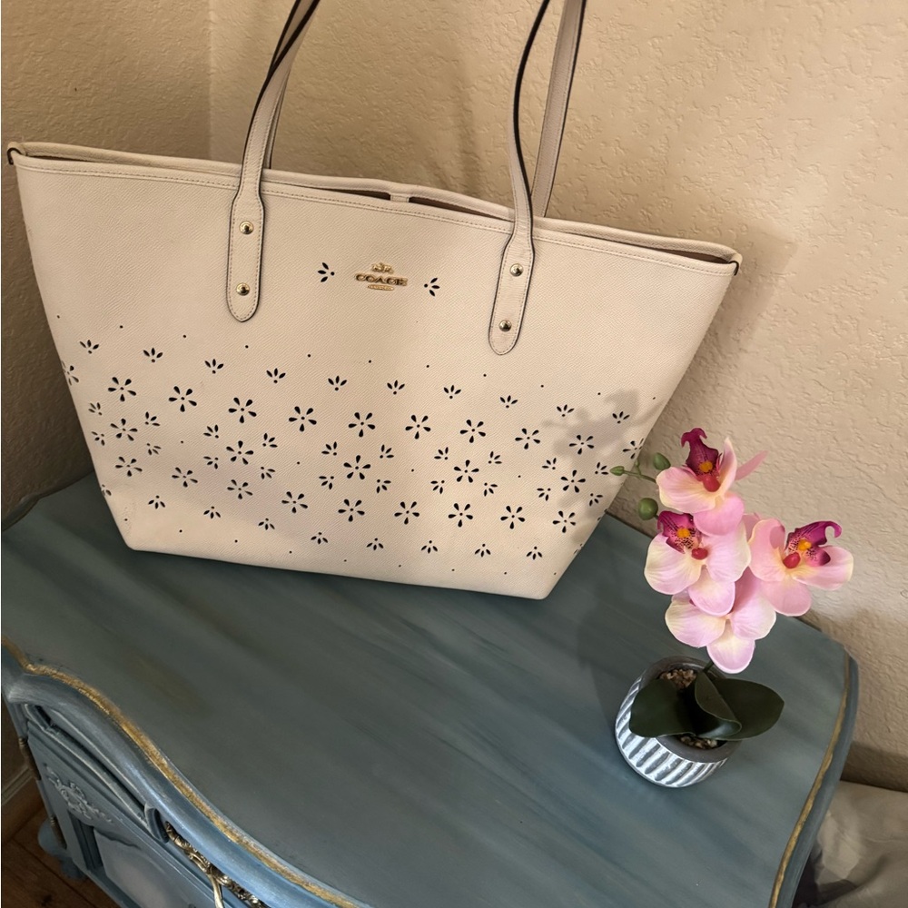 Coach Ivory Floral Perforated Tote